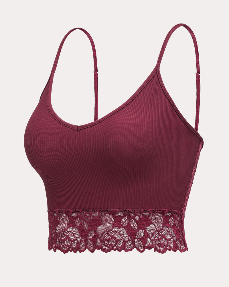 Dark red ribbed spaghetti strap tank with scalloped lace bottom trim