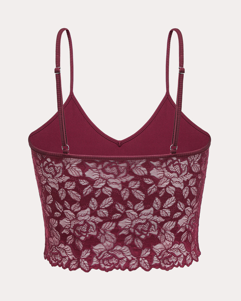 Dark red ribbed spaghetti strap bralette with lace lower panel