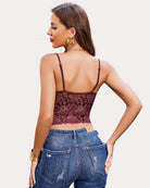 Dark red ribbed spaghetti strap tank top with lace back panel