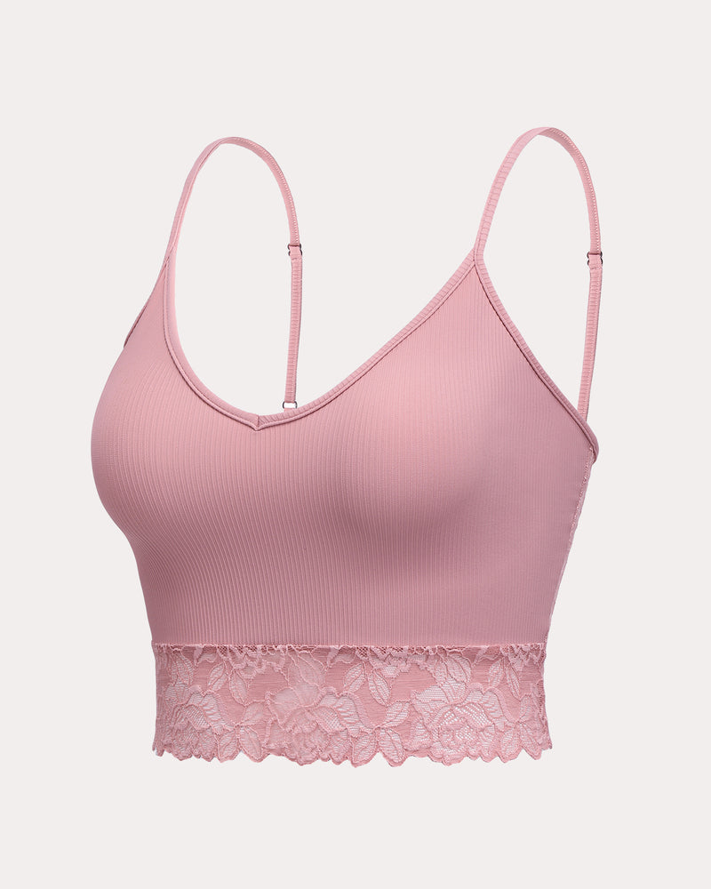 Pink ribbed spaghetti strap tank with lace lower panel and scalloped hem