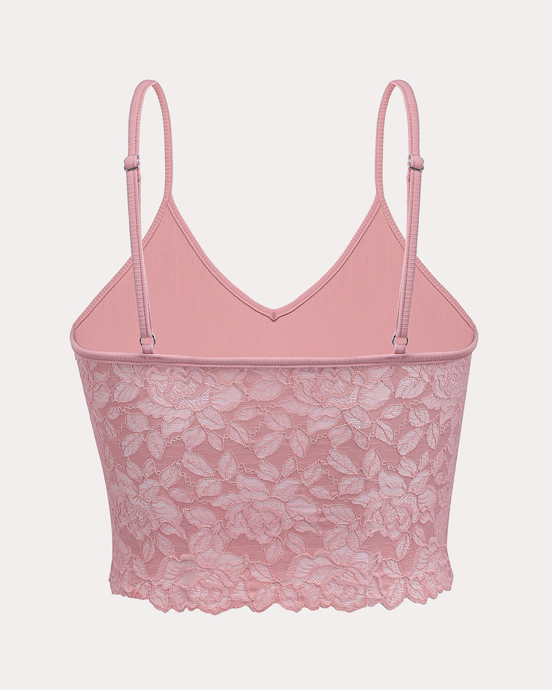Pink lace V-neck ribbed spaghetti-strap tank top with lace hem