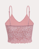 Pink lace V-neck ribbed spaghetti-strap tank top with lace hem