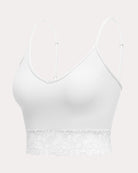 White ribbed spaghetti-strap V-neck tank top with lace trim at hem