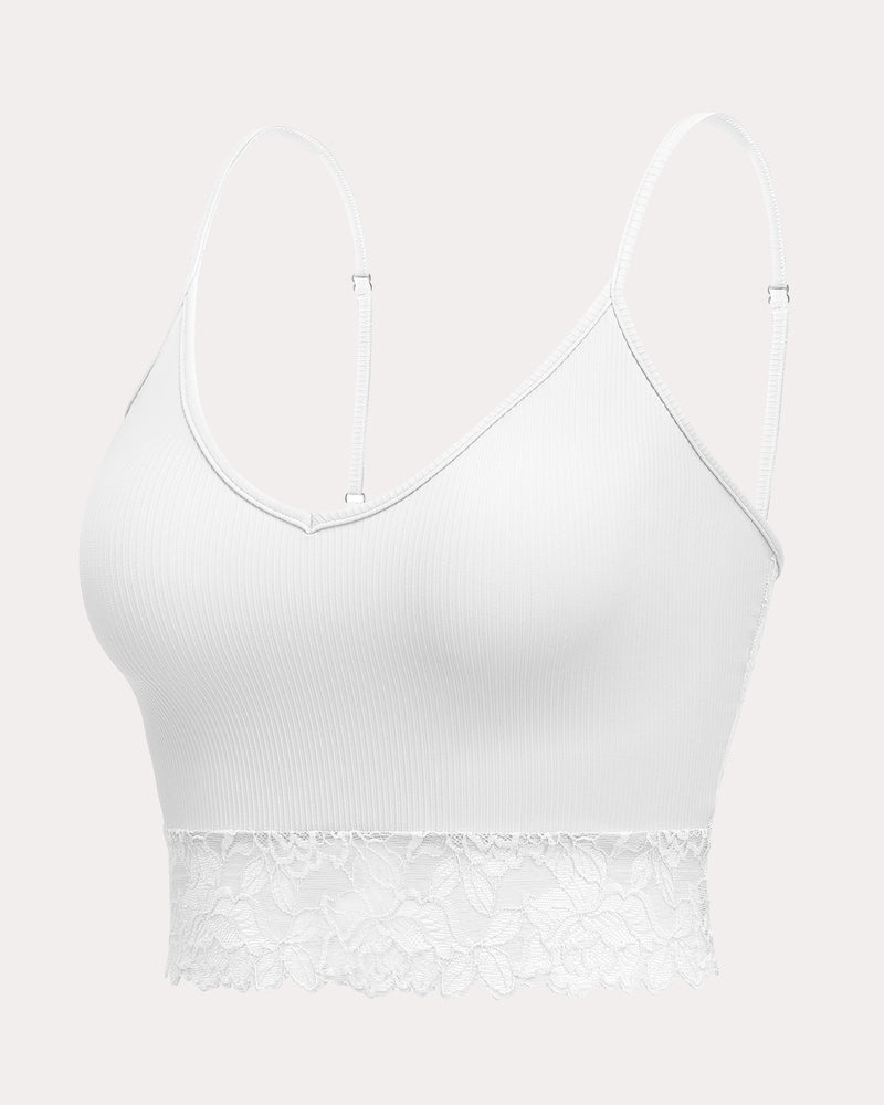 White ribbed spaghetti-strap V-neck tank top with lace trim at hem