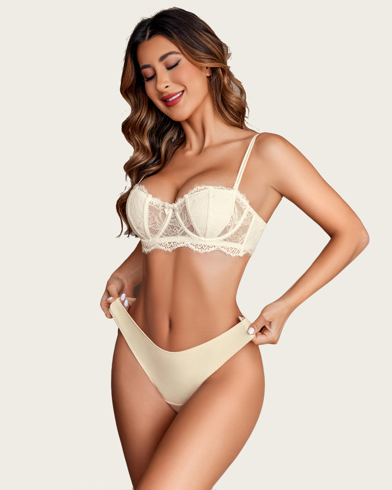 Beige lace hipster panties with scalloped trim and low-rise coverage