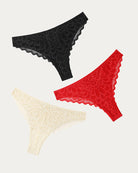 Lace hipster panties set with scalloped trim in black, red, and beige