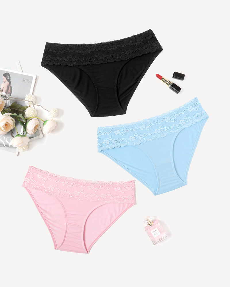 High-cut lace hipster panties, multicolor set: black, light blue, and pink.