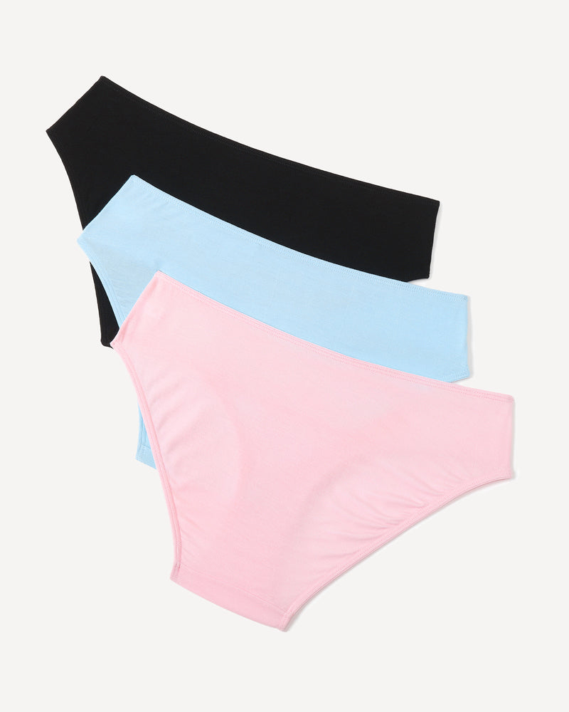 High-cut lace hipster panties, assorted colors: black, light blue, and pink.