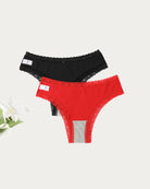 Lace hipster panties set: black and red lace-trim briefs