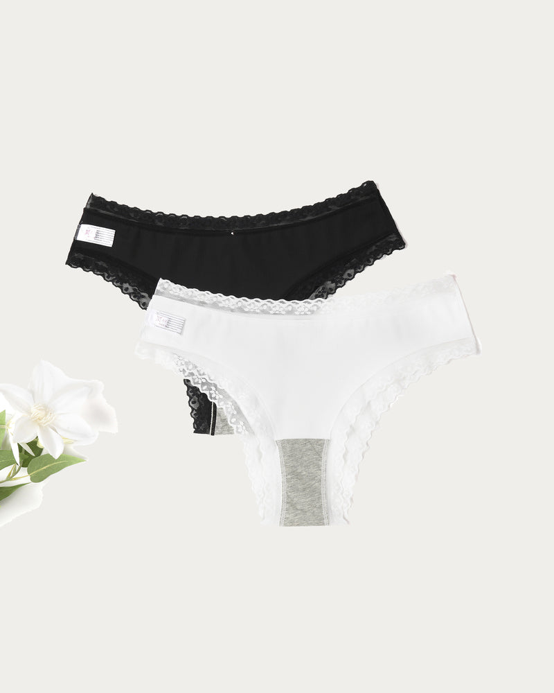 Lace hipster briefs set in black and white with scalloped lace trim