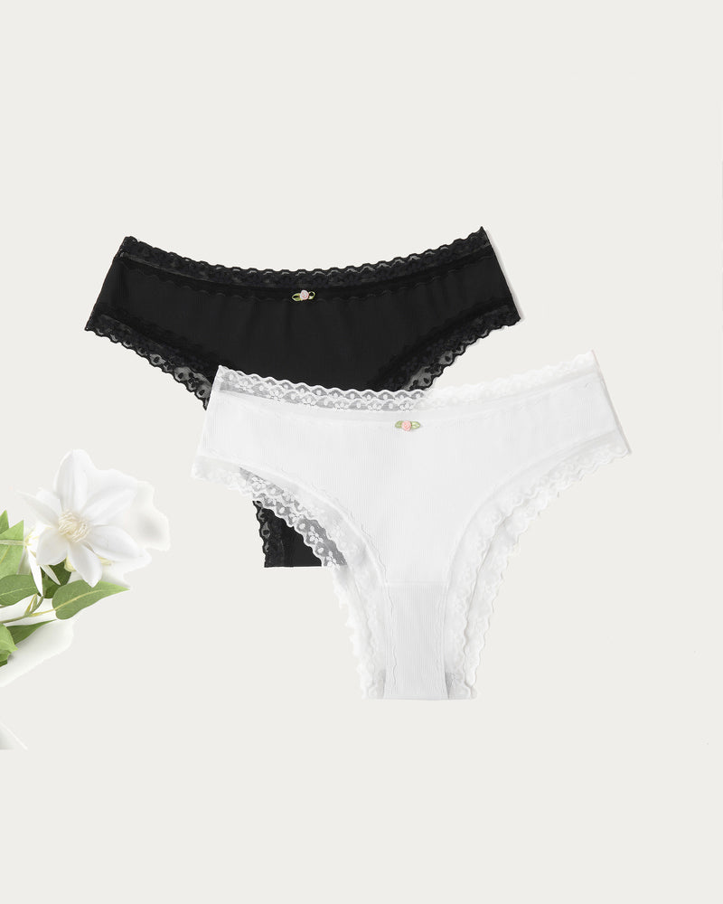 Lace hipster panties set: black and white lace-trim briefs