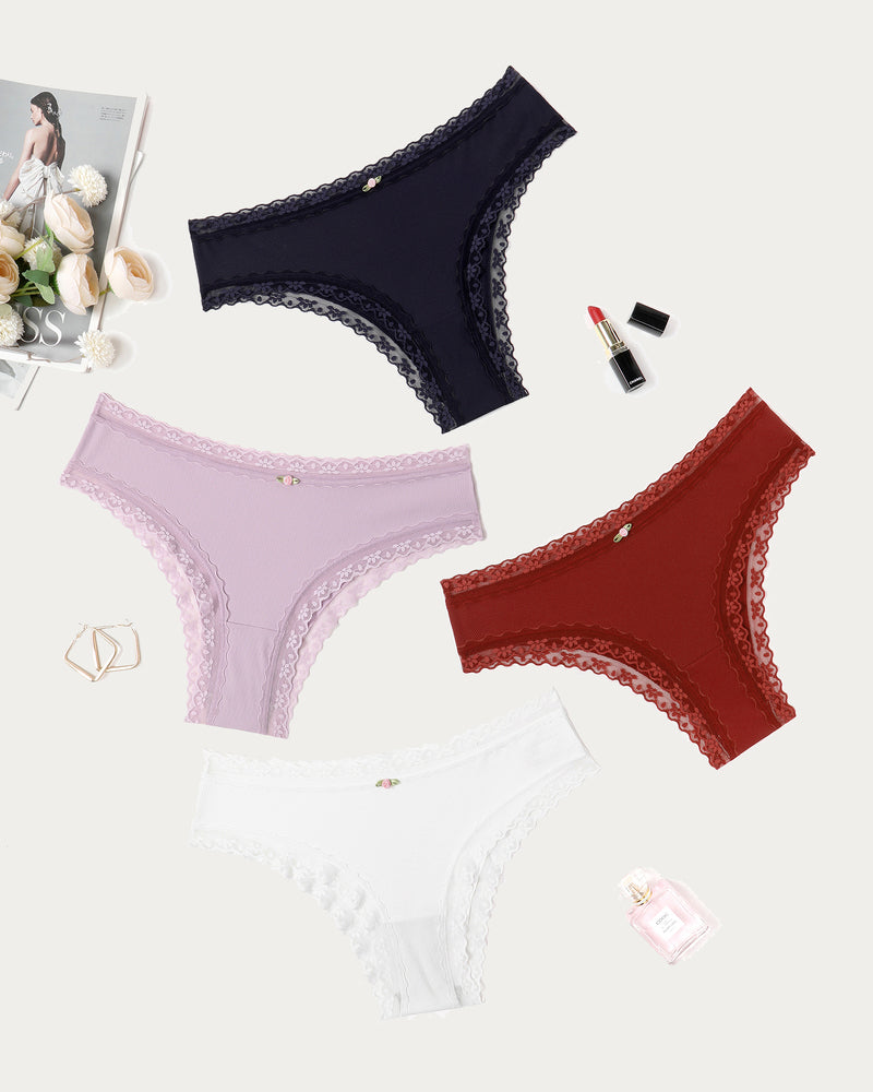 Lace hipster briefs set in dark navy, lilac, red, and white with scalloped trim