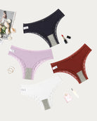 Lace hipster briefs set in dark navy, lilac, red, and white with scalloped lace edge