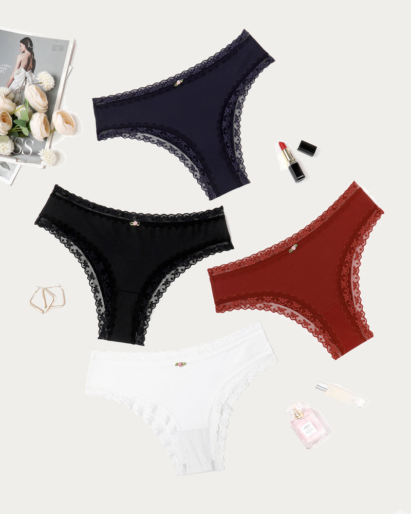 Lace hipster briefs set in dark navy, black, red, and white with scalloped trim