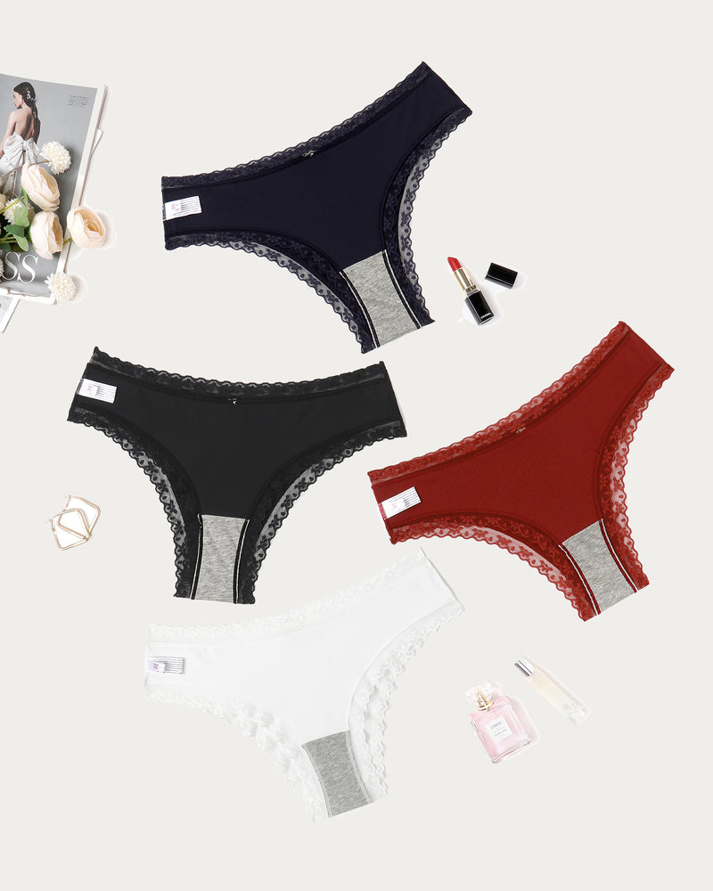 Lace hipster briefs set in dark navy, black, red, and white with scalloped lace trim
