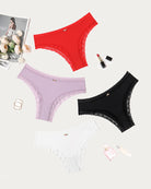 Lace hipster briefs set in red, lilac, black, and white with scalloped lace trim