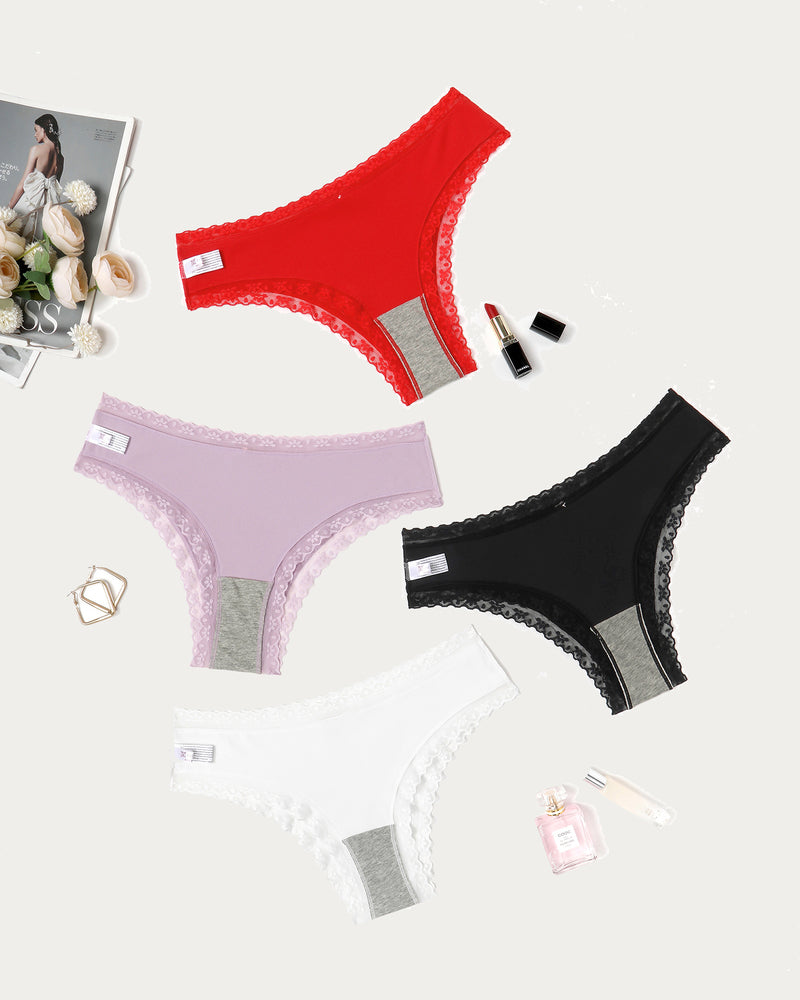 Lace hipster briefs set in red, lilac, black, and white with scalloped lace edge