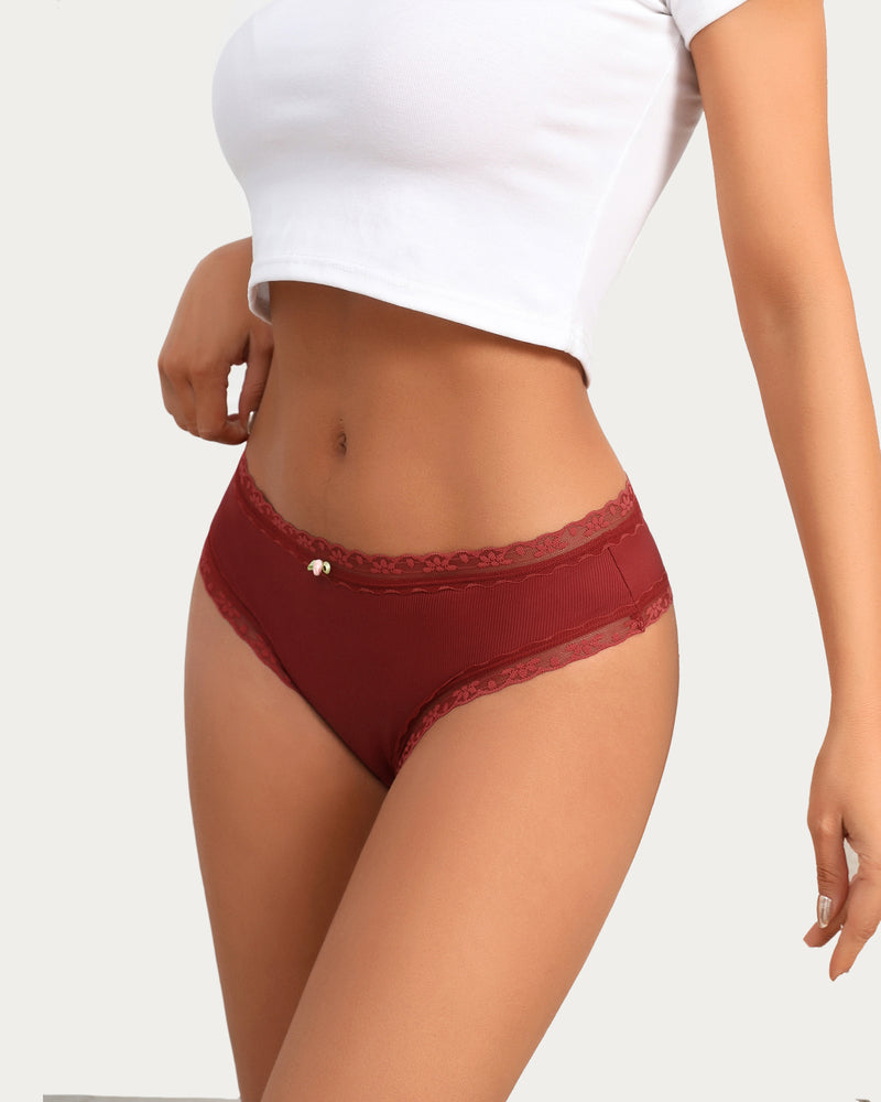 Burgundy lace hipster panties with scalloped lace waistband and bow