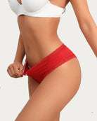 Red lace hipster panties with scalloped lace waistband and bow detail