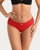 Red lace hipster panties with scalloped lace waistband and small bow