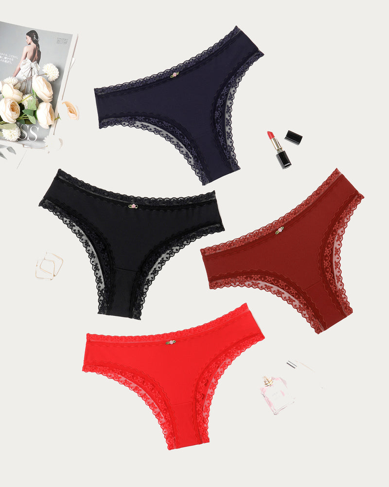 Lace hipster briefs set in dark navy, black, and red with scalloped trim