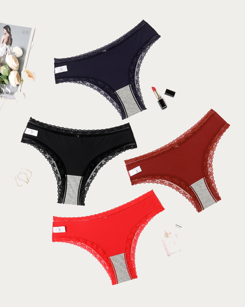 Lace hipster briefs set in dark navy, black, and deep red with scalloped lace edge