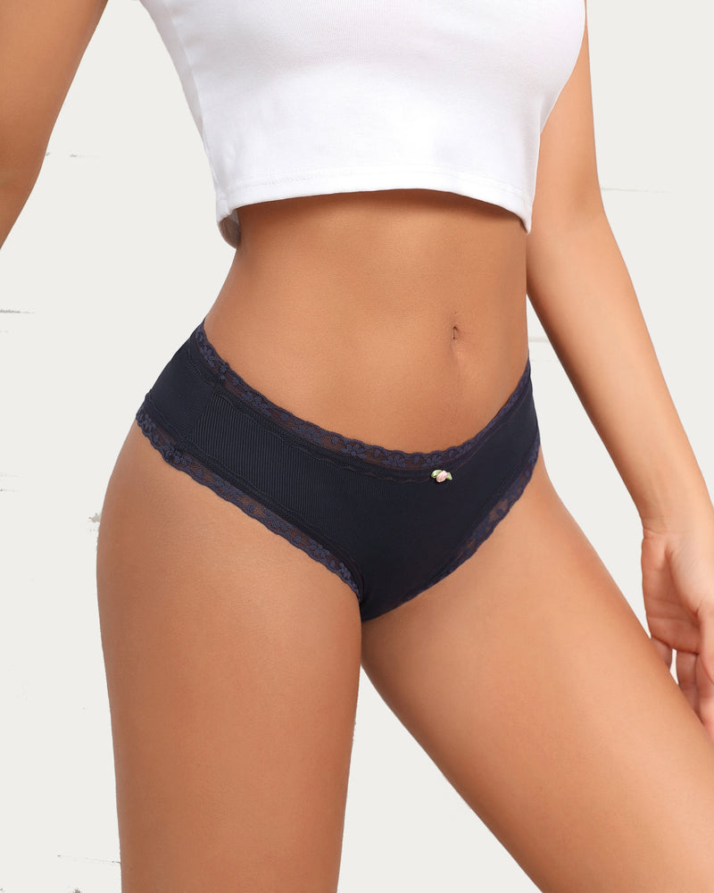 Navy hipster lace brief underwear with scalloped lace trim and small front bow