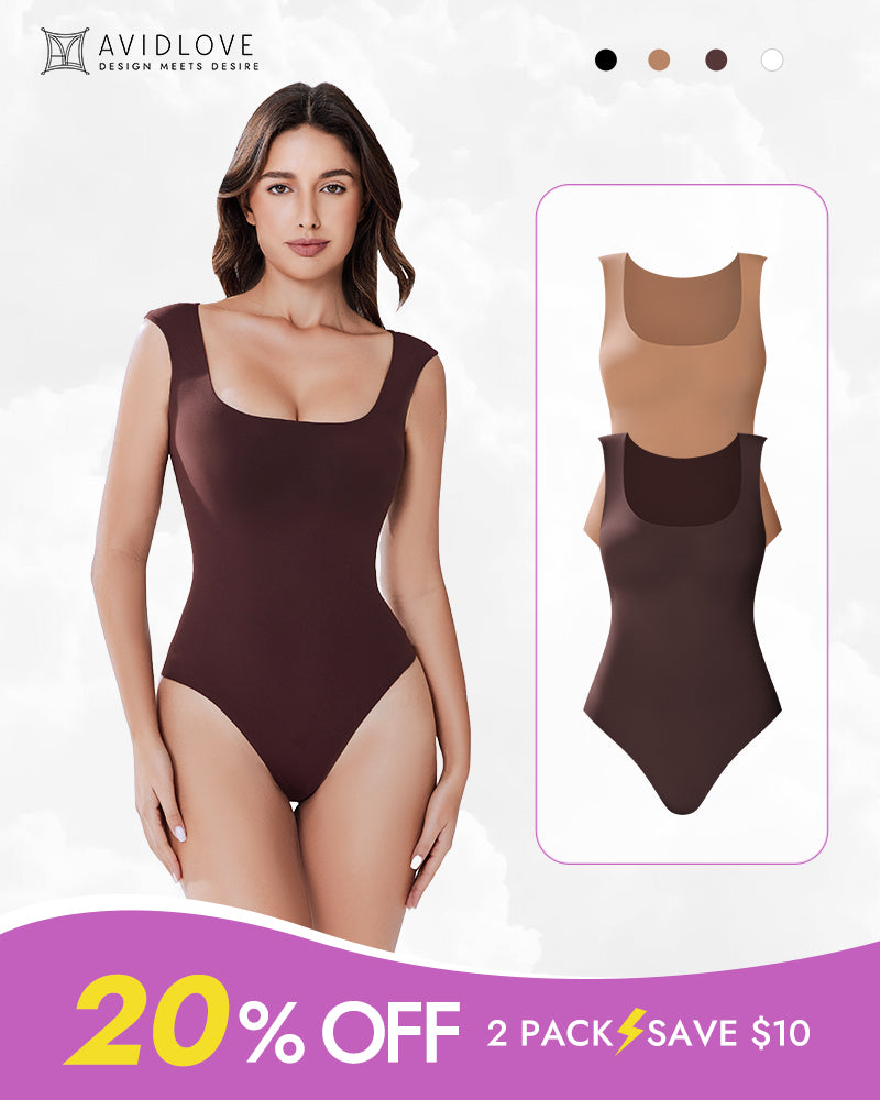 Double-lined bodysuit shapewear in dark brown, sleeveless square neckline, smooth compression fit