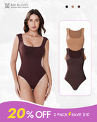 Double-lined bodysuit shapewear in dark brown, sleeveless square neckline, smooth compression fit