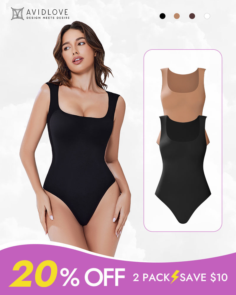 Double-lined bodysuit shapewear in black, sleeveless square neckline, double-layer compression