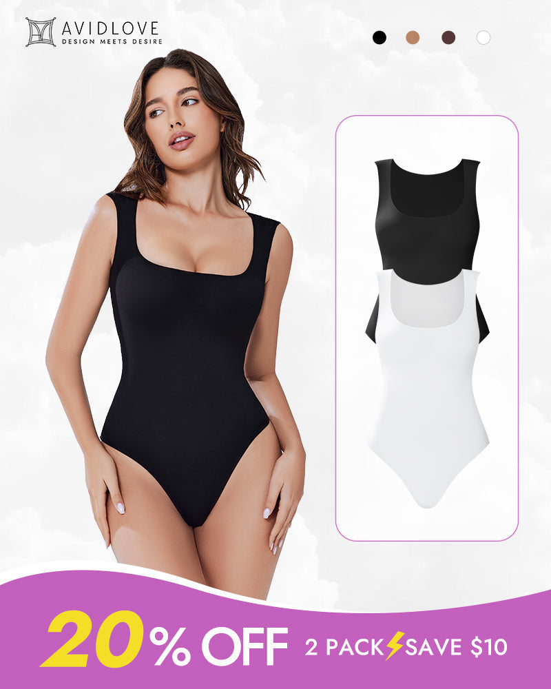 Double-lined bodysuit shapewear in black, sleeveless square neckline, smooth full-coverage fit