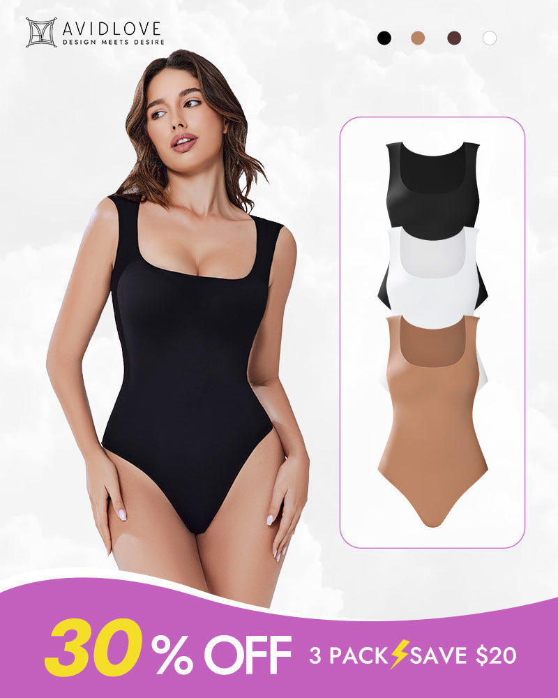 Black square-neck sleeveless bodysuit shapewear with high-leg brief cut