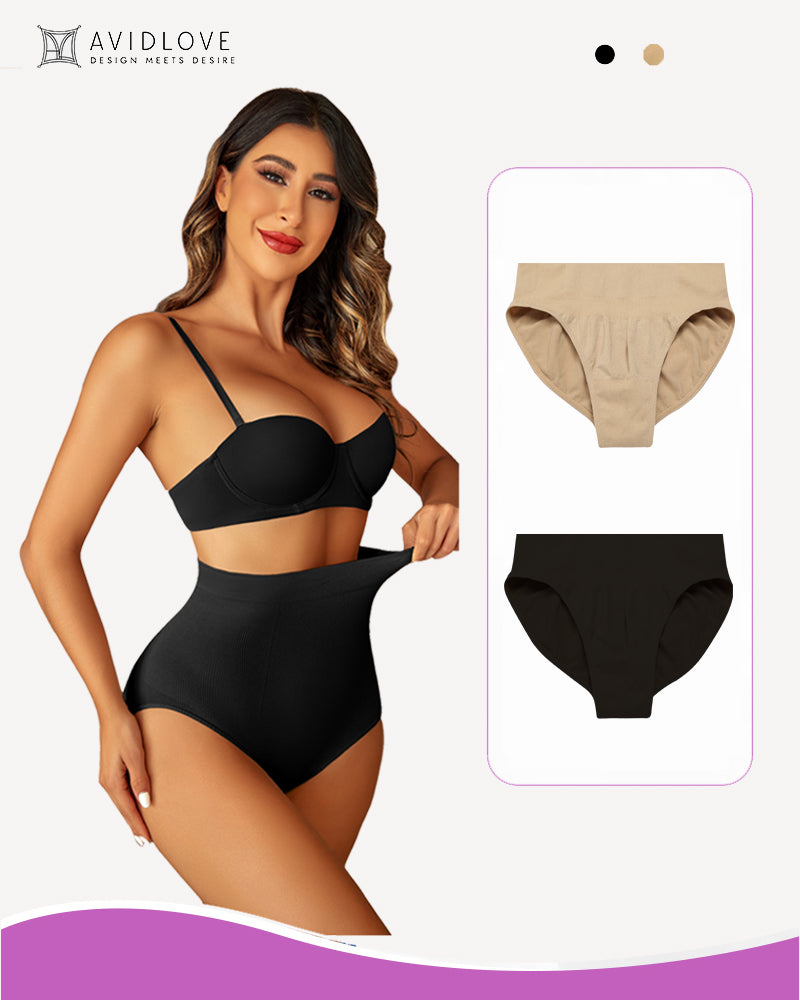 Tummy control high-waist panties, two-pack: beige and black, full coverage brief style