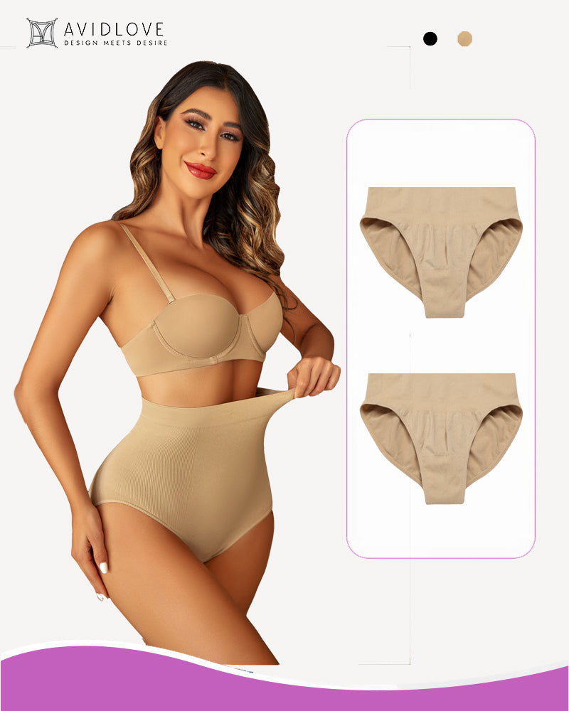 High waist tummy control panties, beige shaping brief with full coverage back