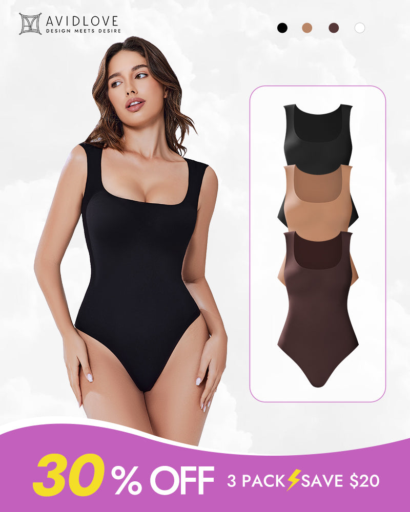 Black square-neck sleeveless bodysuit shapewear, fitted with high-leg brief
