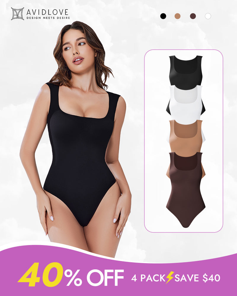 Square-neck soft body suit shapewear in black, sleeveless, full-coverage one-piece.