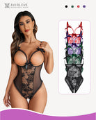 Black lace crotchless one-piece bodysuit with underwire cups and bow straps