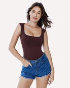 Soft square-neck shapewear bodysuit in dark burgundy knit fabric