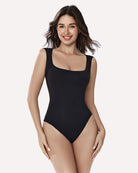 Black square-neck sleeveless bodysuit shapewear with smooth fitted high-leg cut