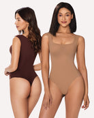 2-pack square-neck shapewear bodysuits: dark burgundy and tan nude