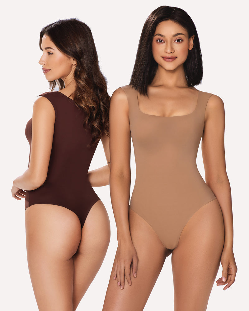 2-pack square-neck shapewear bodysuits: dark burgundy and tan nude