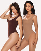 2-pack square-neck shapewear bodysuits: dark burgundy and tan nude