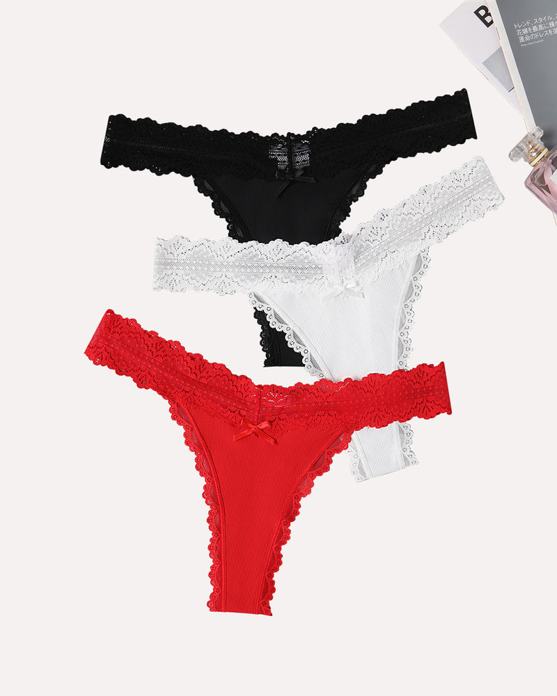 Lace waist thong panties set, black, white, and red lace
