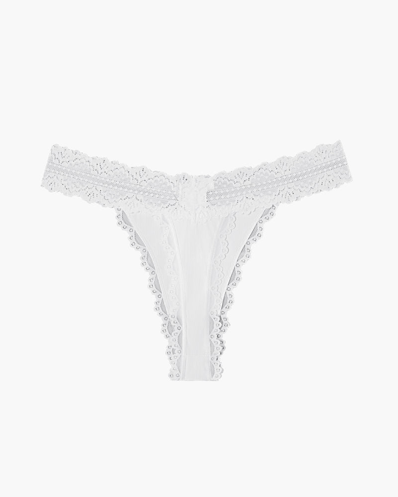 White lace waist thong with ribbed T-back and scalloped lace trim