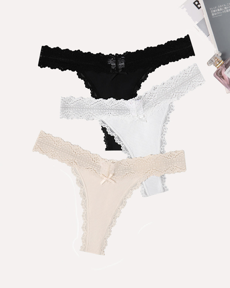 Lace waist thong panties set, black, white, and beige lace