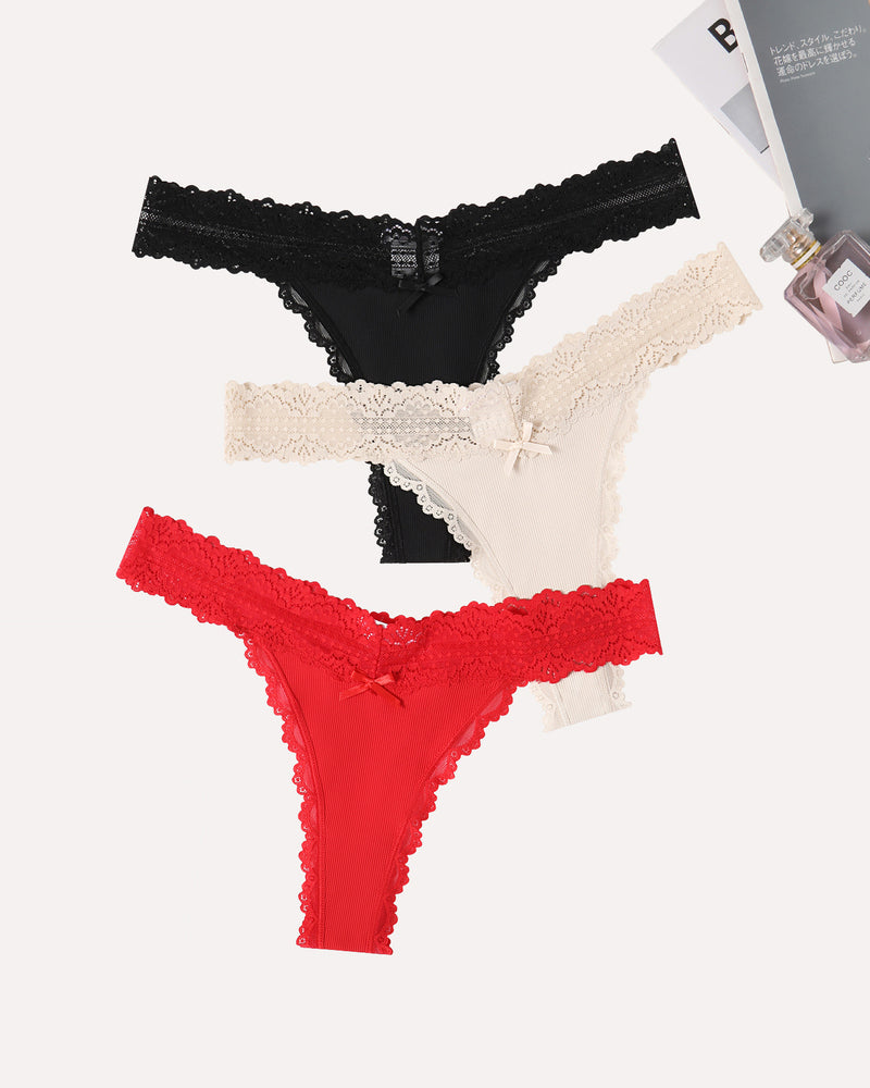 Lace waist thong panties set, black, white, and red lace design