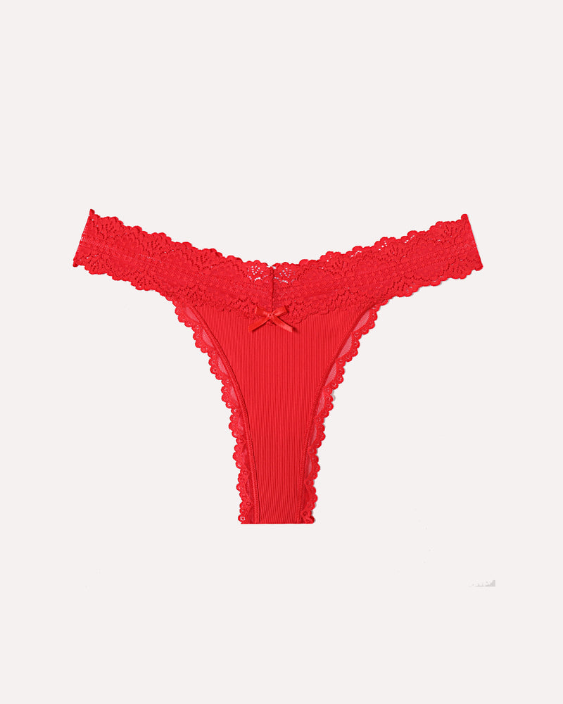 Red lace waist thong with ribbed T-back, scalloped edges and bow at center