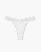 White lace waist thong with ribbed T-back, scalloped lace sides and center bow