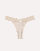 Beige lace waist thong with ribbed T-back, scalloped lace trim and center tie