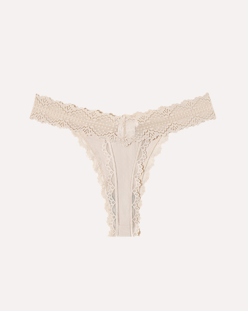 Beige lace waist thong with ribbed T-back, scalloped lace trim and center tie